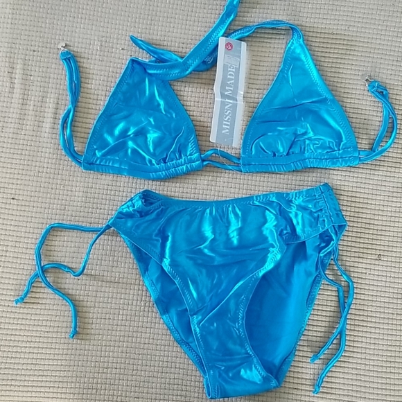 Aqua Blue Satin like Bikini Triangle top M 2 piece - Picture 1 of 4